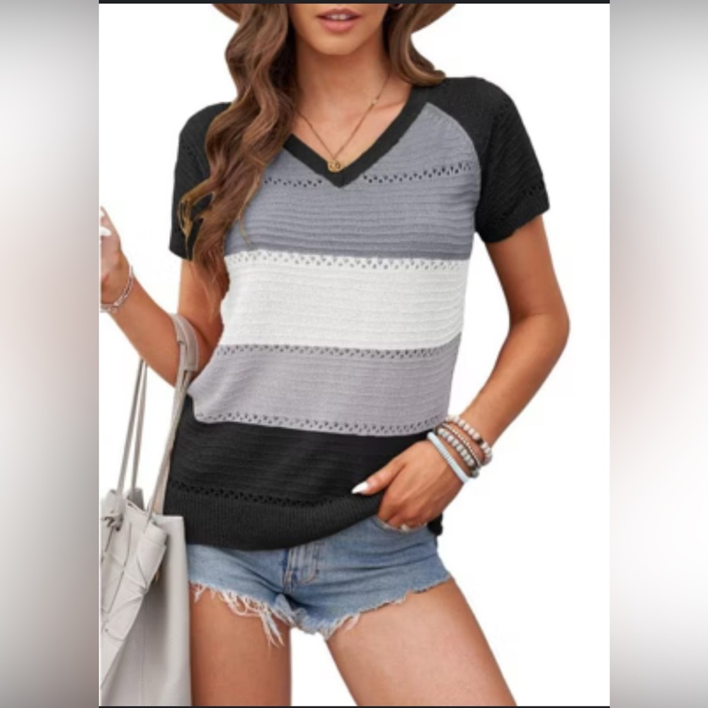 Women’s V-Neck Striped Knit Sweater - Black, Gray & White